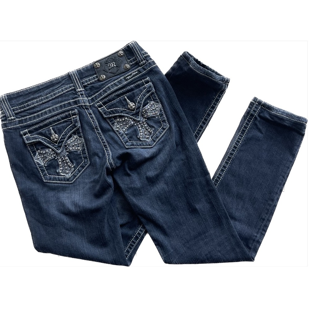 Miss Me Rhinestone Embellished Cross Flap Pocket Skinny Jeans